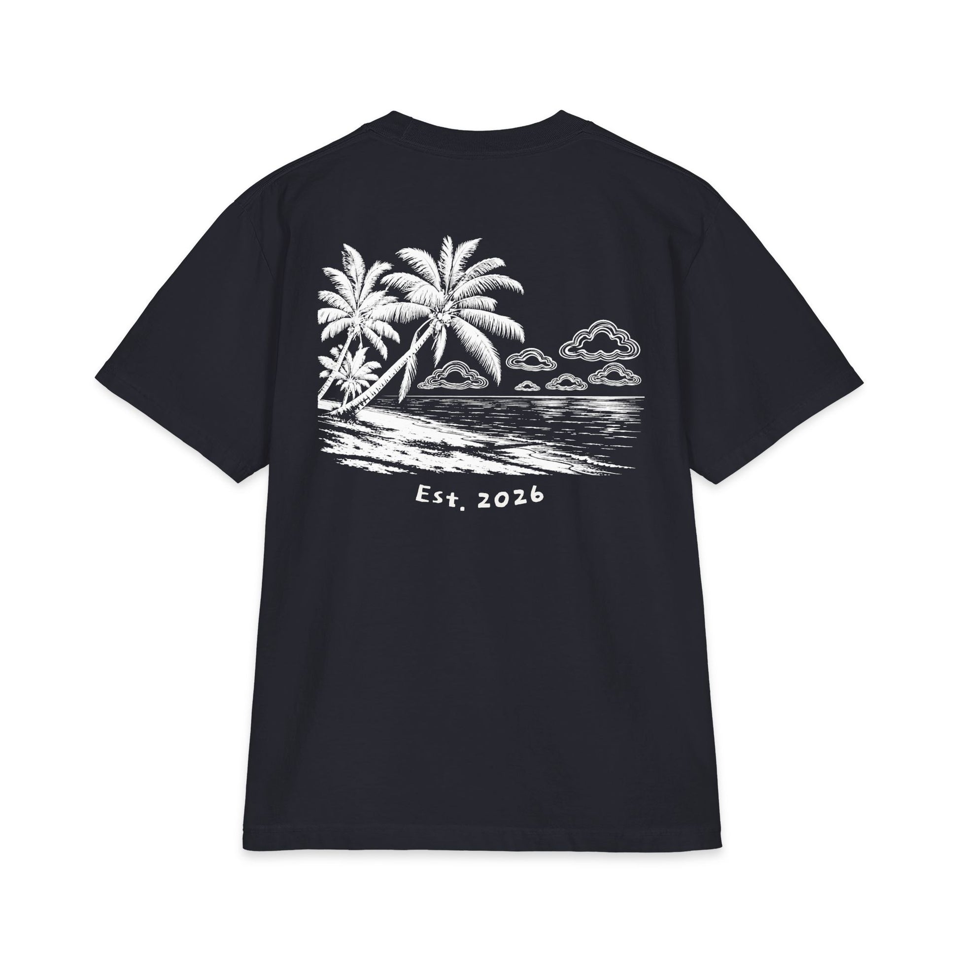 Back of navy tee — white-ink palm beach print with clouds and Est. 2026 lettering