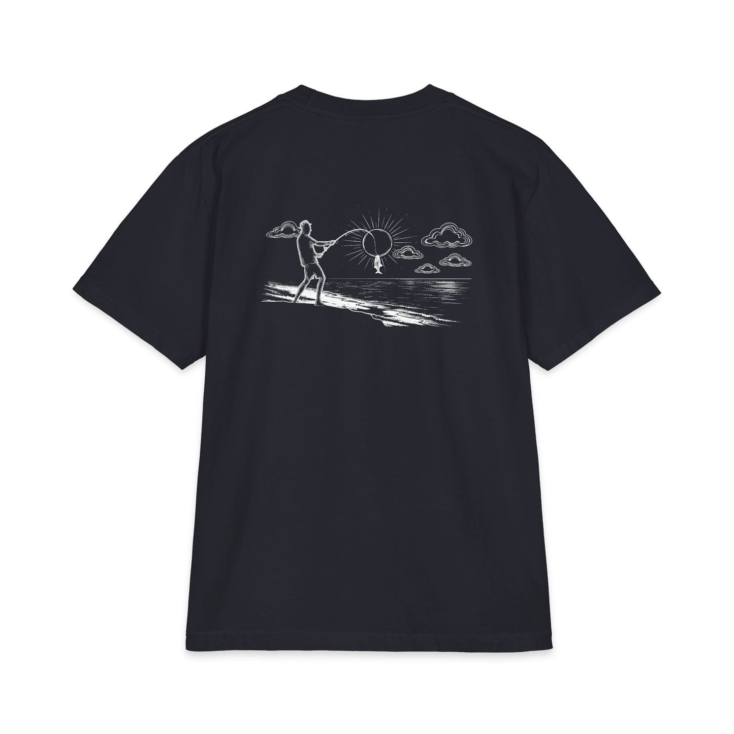 Back of navy tee — white-ink fisherman casting from the shore, line looped around the sun with a little fish hanging on
