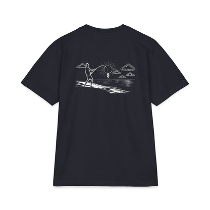 Back of navy tee — white-ink fisherman casting from the shore, line looped around the sun with a little fish hanging on