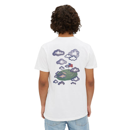 Model wearing the white tee, back view showing the flag-in-the-clouds print
