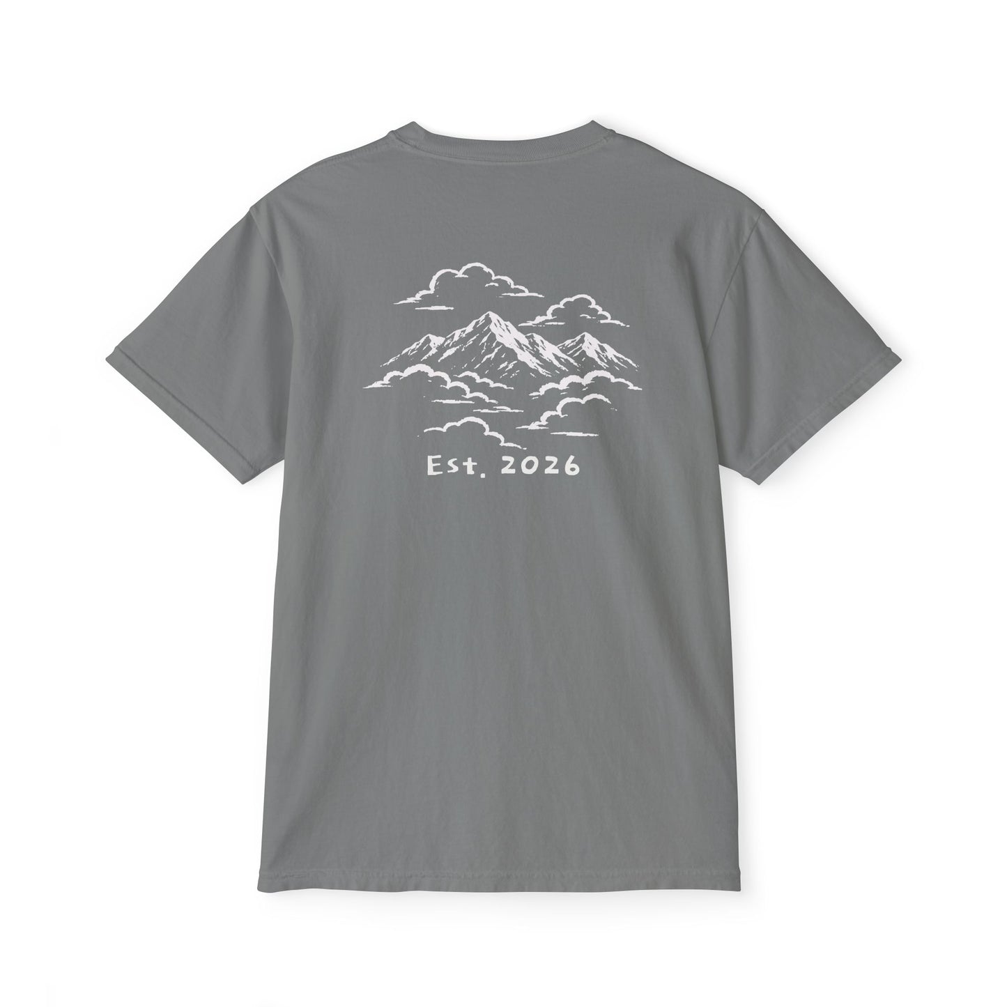 Back of grey tee — white-ink snow-capped mountains drifting through clouds, Est. 2026