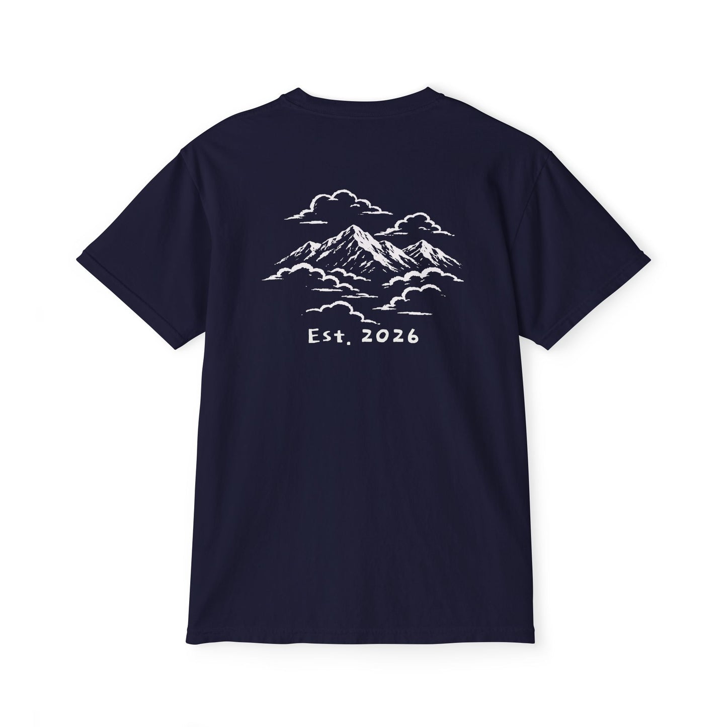 Back of True Navy tee — white-ink snow-capped mountains drifting through clouds, Est. 2026