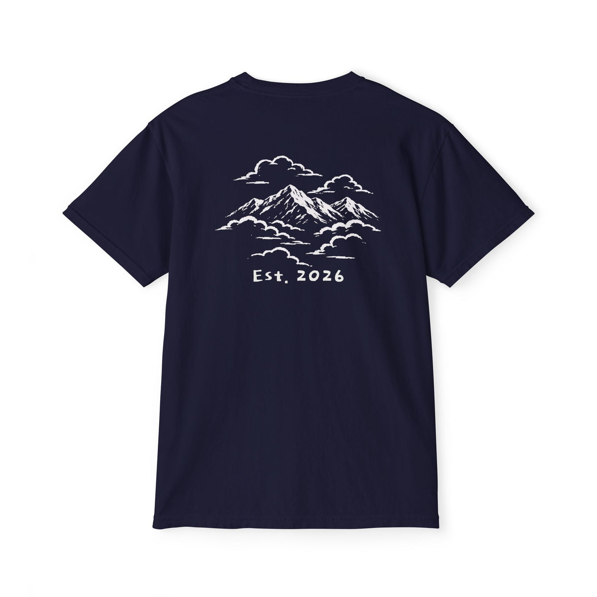 Back of True Navy tee — white-ink snow-capped mountains drifting through clouds, Est. 2026