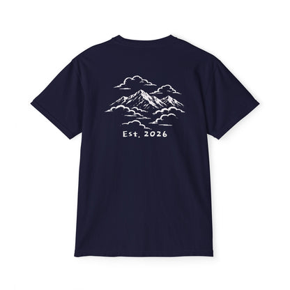 Back of True Navy tee — white-ink snow-capped mountains drifting through clouds, Est. 2026