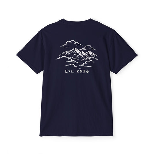 Back of True Navy tee — white-ink snow-capped mountains drifting through clouds, Est. 2026