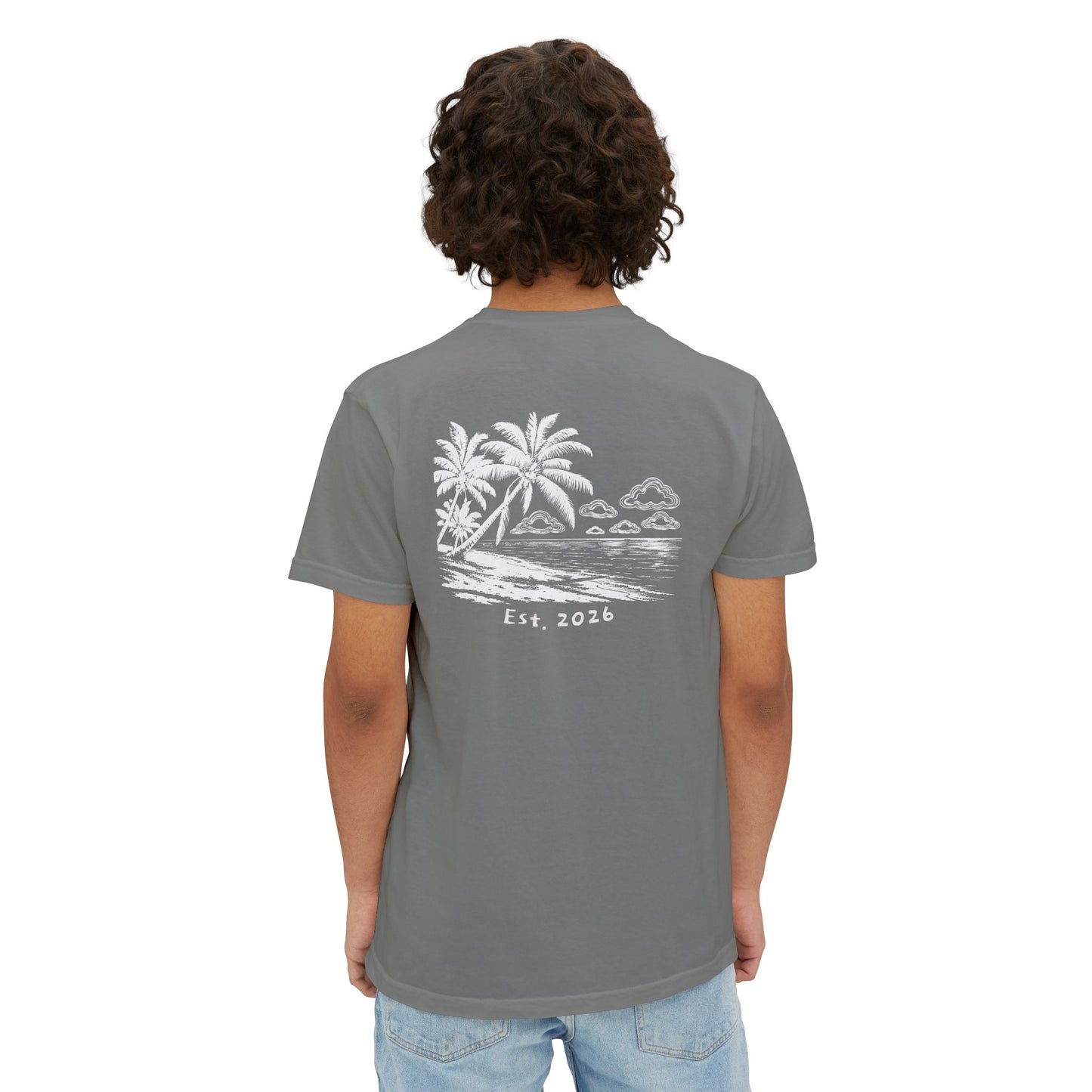 Model wearing the grey tee, back view showing the beach-in-the-clouds print
