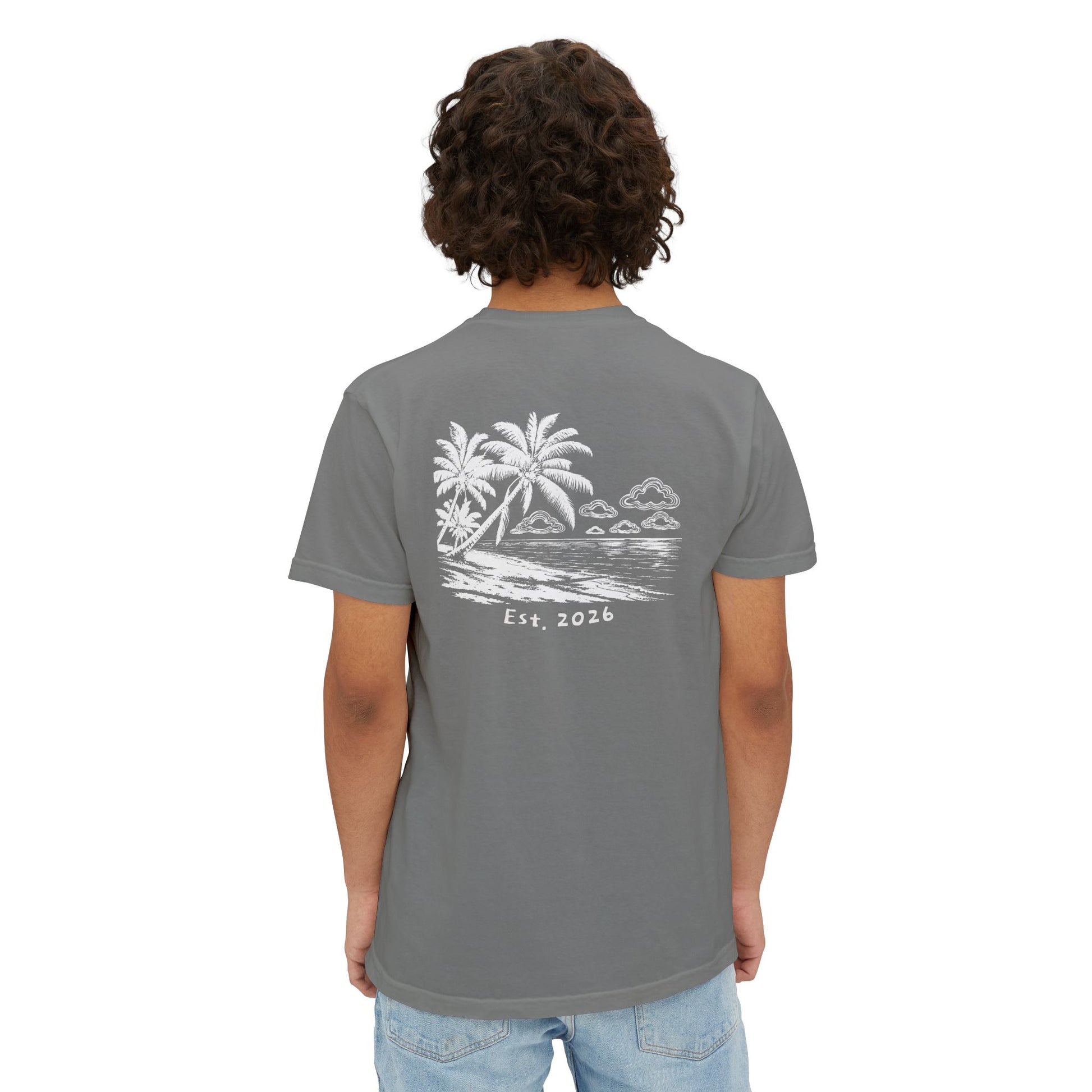 Model wearing the grey tee, back view showing the beach-in-the-clouds print
