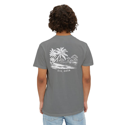 Model wearing the grey tee, back view showing the beach-in-the-clouds print