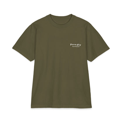 Front of hunter green tee with a small Proudly Clowded chest mark