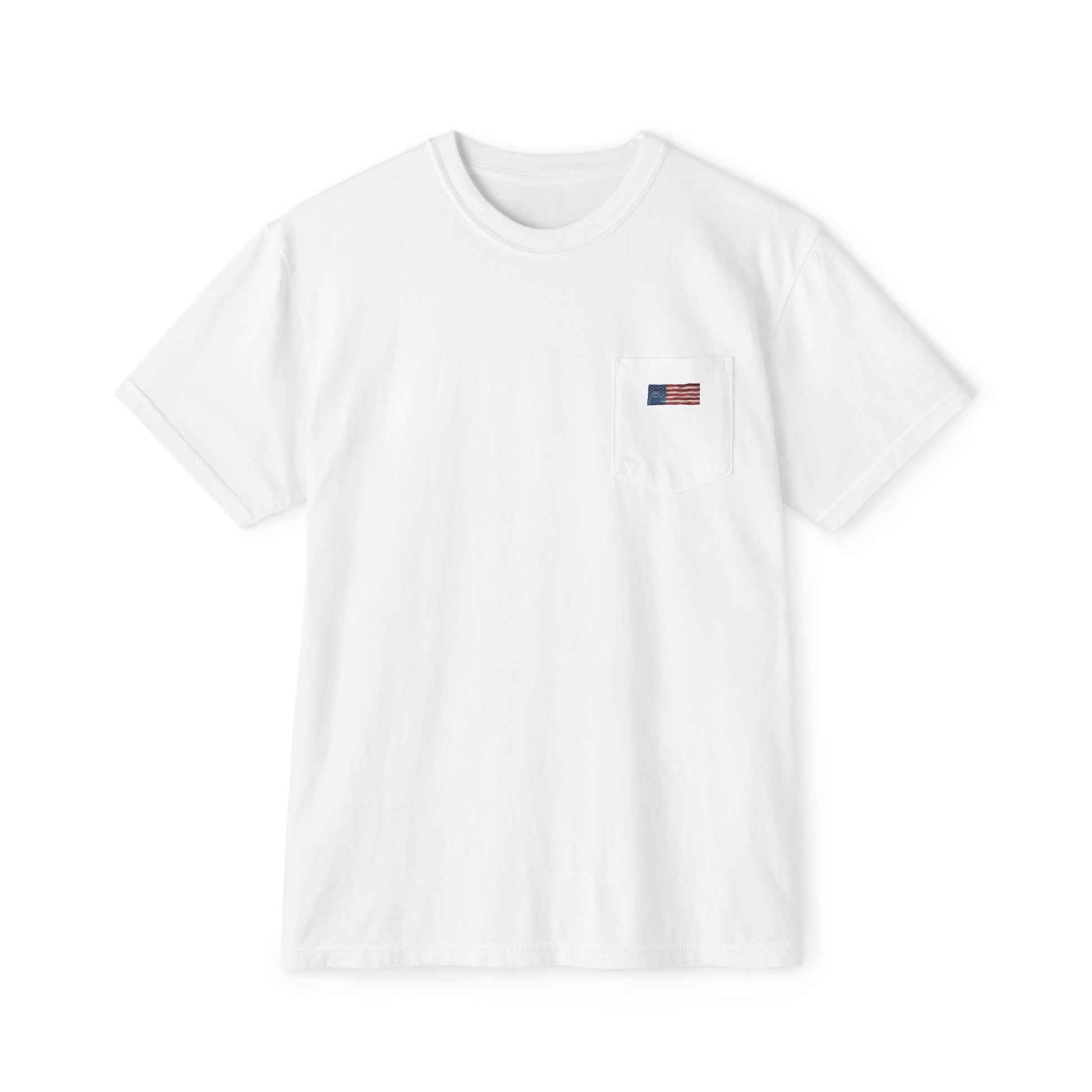 Front of white pocket tee with a small hand-painted American flag on the chest pocket