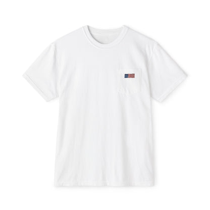 Front of white pocket tee with a small hand-painted American flag on the chest pocket