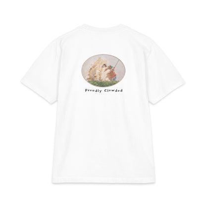 Back of white heavyweight tee — watercolor golfer blasting out of a bunker in a sand cloud, with 'Proudly Clowded' hand-lettered below