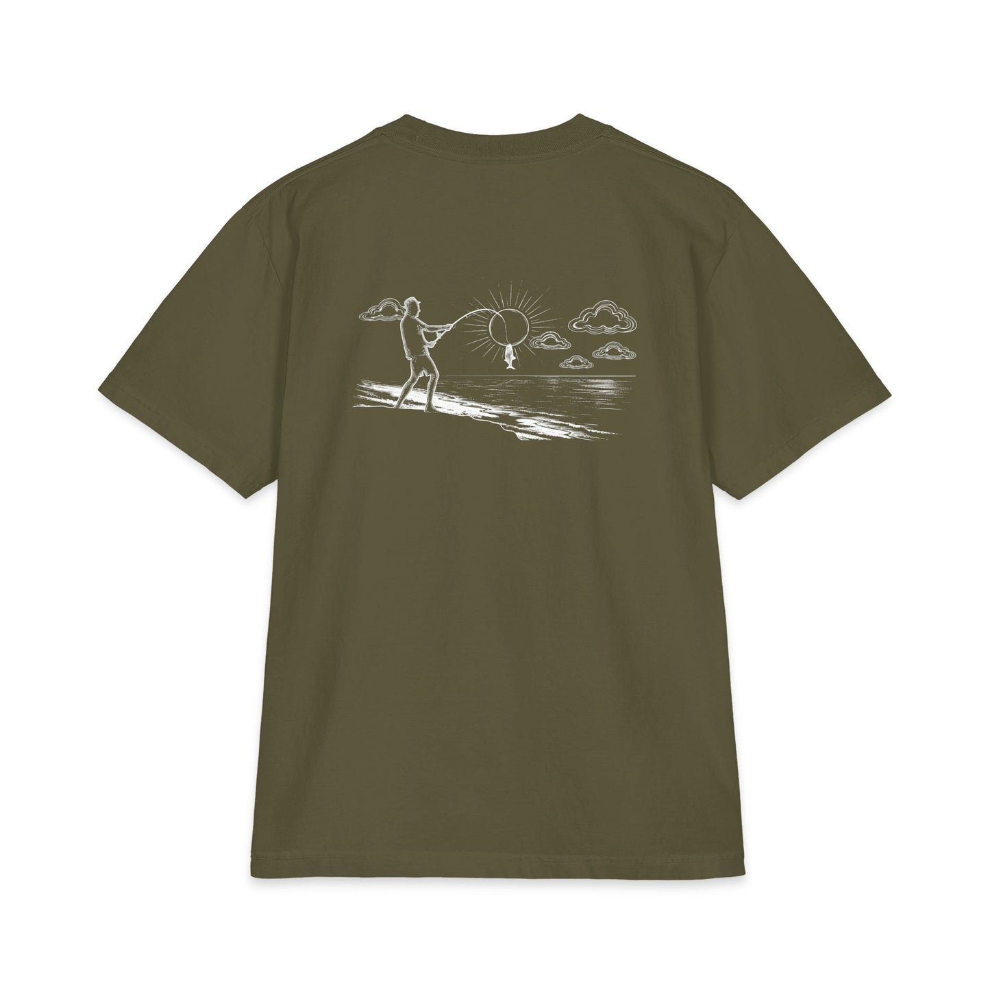 Back of hunter green tee — white-ink fisherman casting from the shore, line looped around the sun with a little fish hanging on