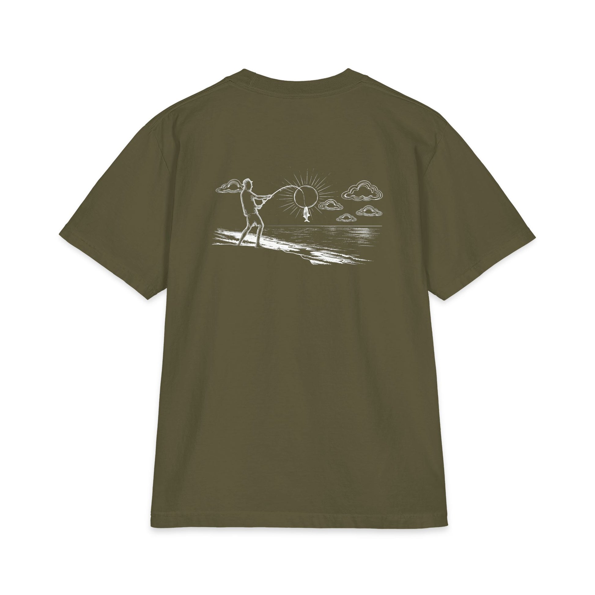 Back of hunter green tee — white-ink fisherman casting from the shore, line looped around the sun with a little fish hanging on