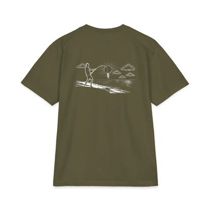 Back of hunter green tee — white-ink fisherman casting from the shore, line looped around the sun with a little fish hanging on