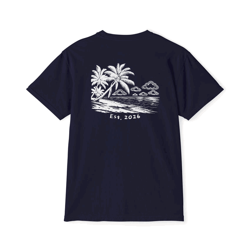 Proudly Clowded Beach in the Clouds Pocket Tee — rotating view: beach back print and flag pocket front, True Navy