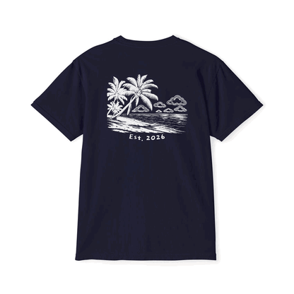 Proudly Clowded Beach in the Clouds Pocket Tee — rotating view: beach back print and flag pocket front, True Navy