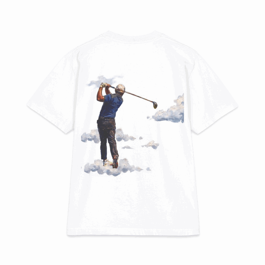 Proudly Clowded Bogi Man Tee — rotating view: golfer-in-clouds back print and 'Proudly Clowded' chest mark front