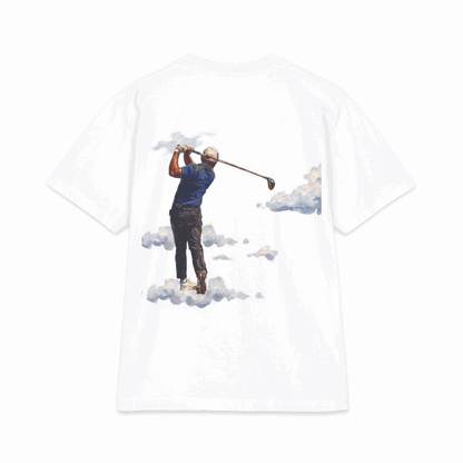 Proudly Clowded Bogi Man Tee — rotating view: golfer-in-clouds back print and 'Proudly Clowded' chest mark front
