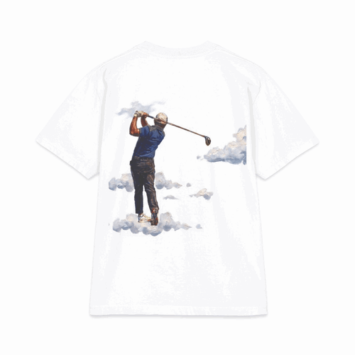 Proudly Clowded Bogi Man Tee — rotating view: golfer-in-clouds back print and 'Proudly Clowded' chest mark front