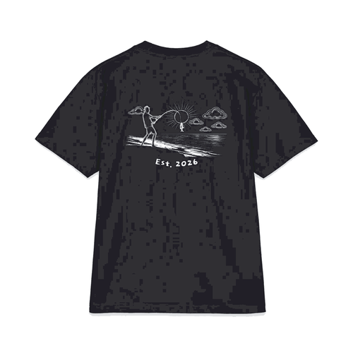 Proudly Clowded Fishing Man Tee rotating view: fisherman-hooks-the-sun back print with Est. 2026 and chest mark front, Navy