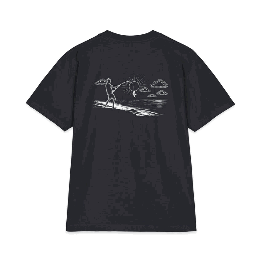 Proudly Clowded Fishing Man Tee — rotating view: fisherman-hooks-the-sun back print and chest mark front, Navy