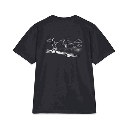 Proudly Clowded Fishing Man Tee — rotating view: fisherman-hooks-the-sun back print and chest mark front, Navy