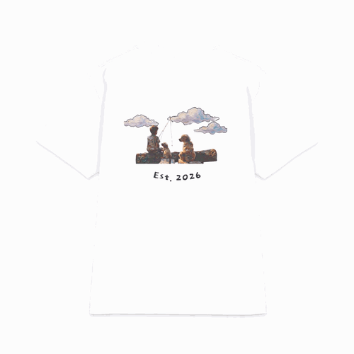 Proudly Clowded Fishing with Dawgs Tee rotating view: boy-and-dawgs back print and chest mark front, White