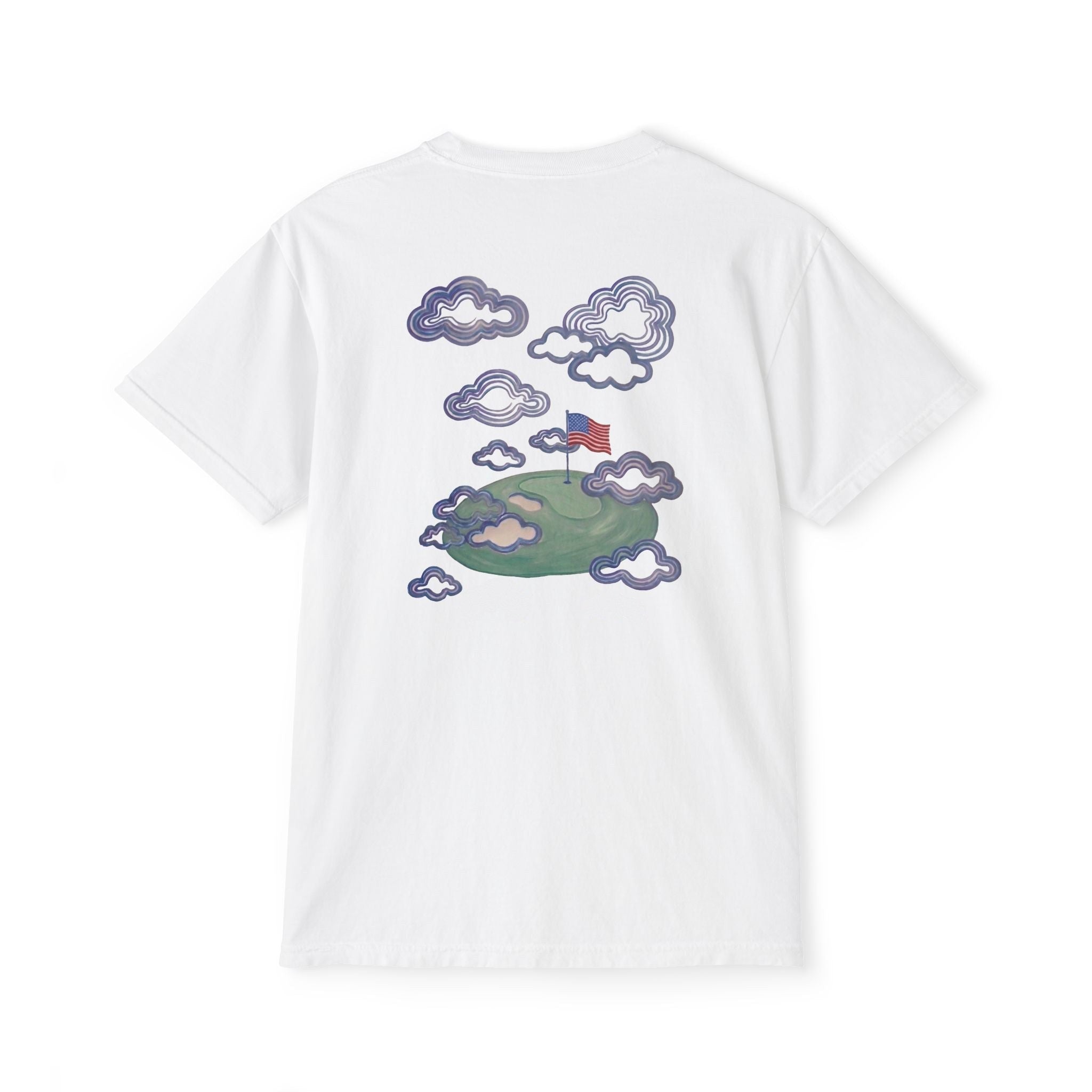 Back of white tee — hand-painted American flag planted on a floating green island among clouds