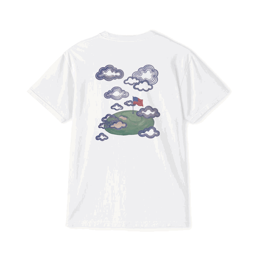 Proudly Clowded Flag in the Clouds Pocket Tee — rotating view: flag-in-the-clouds back print and flag pocket front