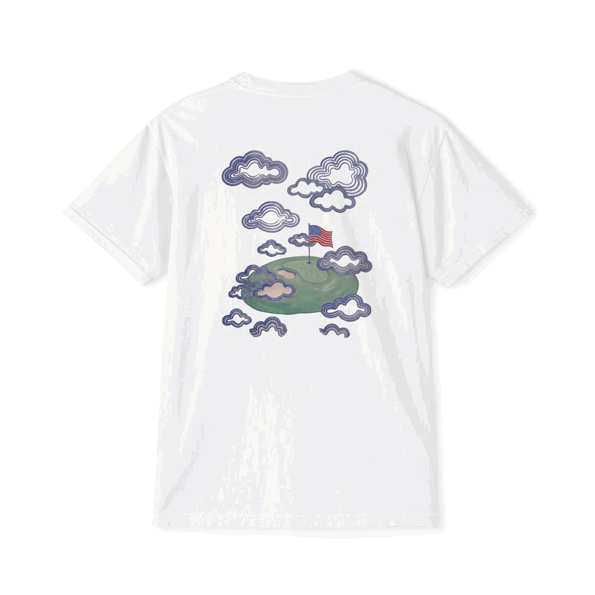 Proudly Clowded Flag in the Clouds Pocket Tee — rotating view: flag-in-the-clouds back print and flag pocket front