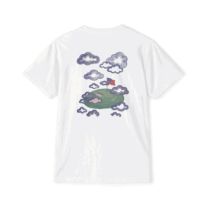 Proudly Clowded Flag in the Clouds Pocket Tee — rotating view: flag-in-the-clouds back print and flag pocket front
