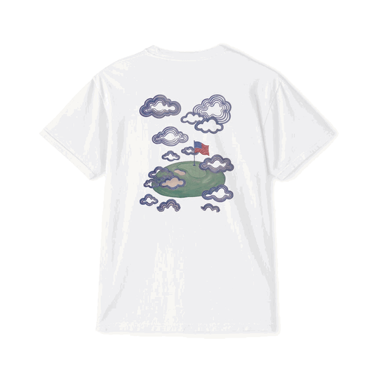 Proudly Clowded Flag in the Clouds Pocket Tee — rotating view: flag-in-the-clouds back print and flag pocket front