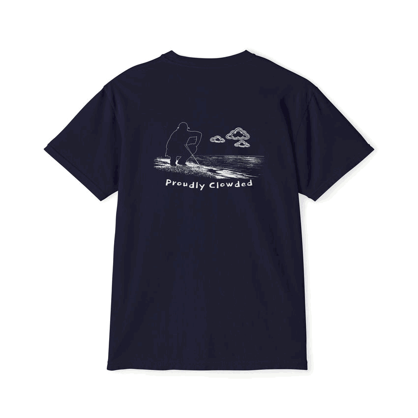 Proudly Clowded Reading the Green Pocket Tee — rotating view: reading-the-green back print and flag pocket front, True Navy