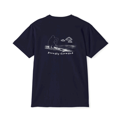 Proudly Clowded Reading the Green Pocket Tee — rotating view: reading-the-green back print and flag pocket front, True Navy
