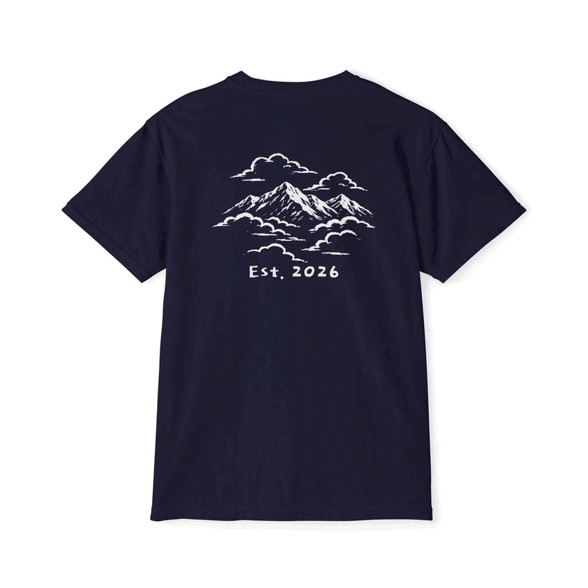 Proudly Clowded Mountains in the Clouds Pocket Tee — rotating view: mountains back print and flag pocket front, True Navy