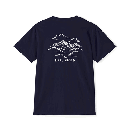 Proudly Clowded Mountains in the Clouds Pocket Tee — rotating view: mountains back print and flag pocket front, True Navy