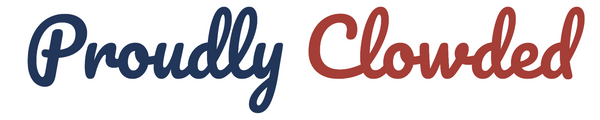 Proudly Clowded — script wordmark in navy and red