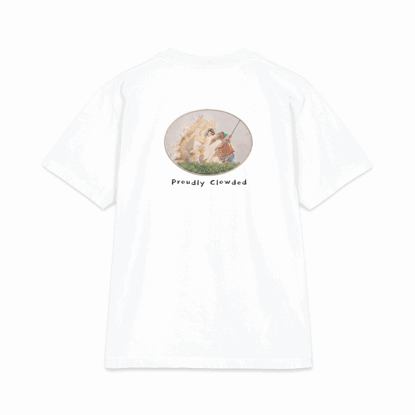 Proudly Clowded Sand Shot Tee — rotating view: sand-cloud bunker back print and hand-painted flag front