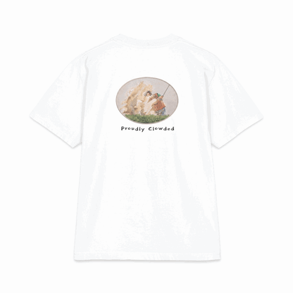 Proudly Clowded Sand Shot Tee — rotating view: sand-cloud bunker back print and hand-painted flag front