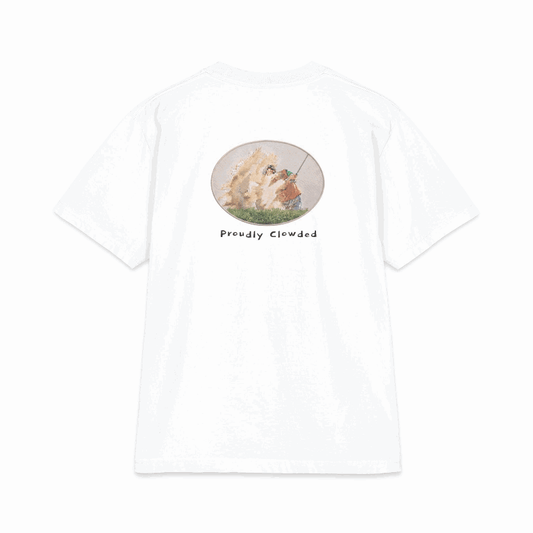 Proudly Clowded Sand Shot Tee — rotating view: sand-cloud bunker back print and hand-painted flag front